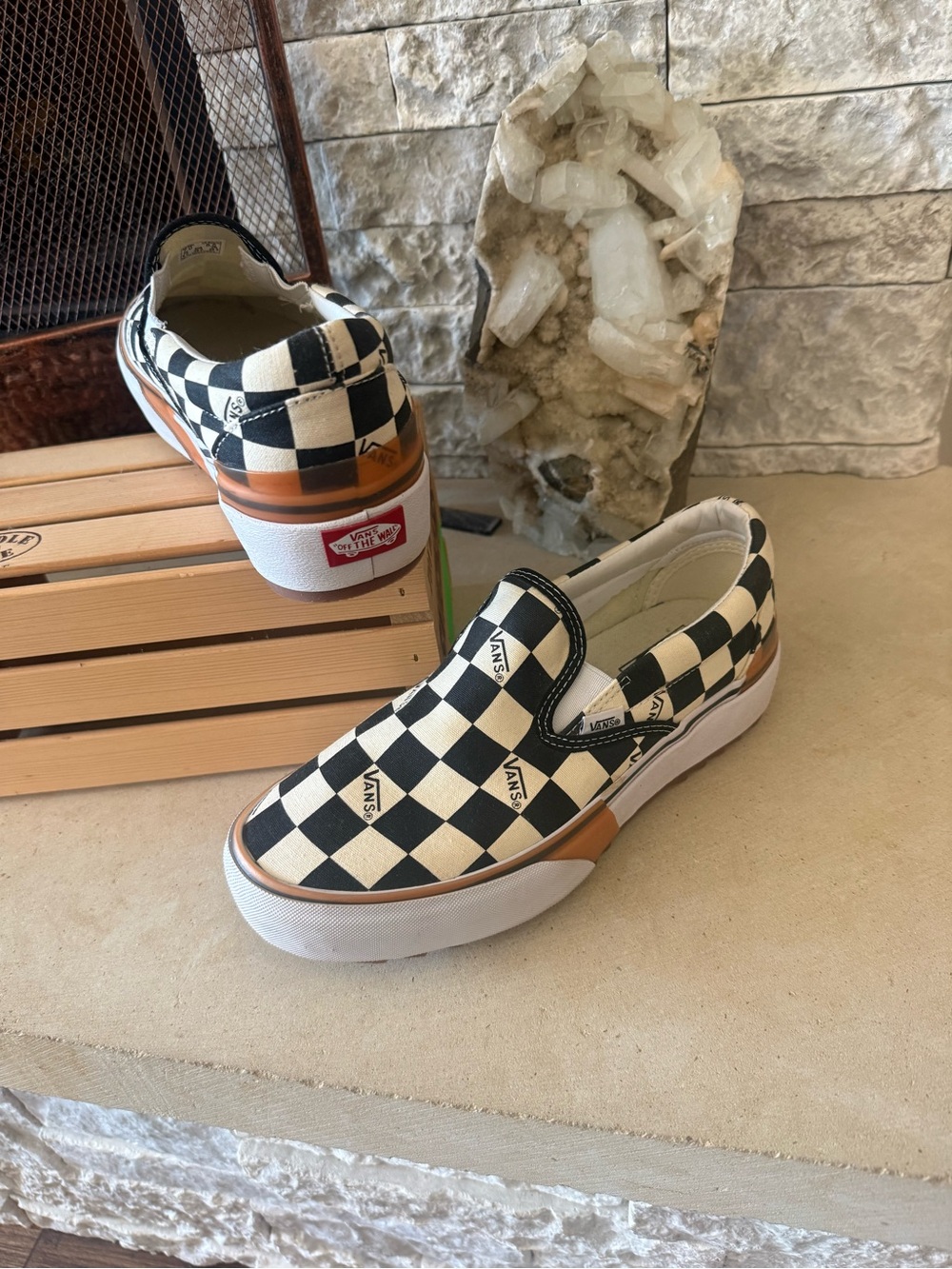 Vans Stacked Checkerboard Slip-On Sneakers - Black & White with Tan Accents - Picture 4 of 5